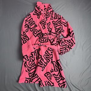 Victoria's Secret Hot Pink Robe Black PINK Logo All Over Plush XS Belted Sleep